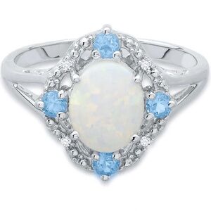 Lab Created Opal, Natural Diamond and Natural Blue Topaz Ring Sterling Silver
